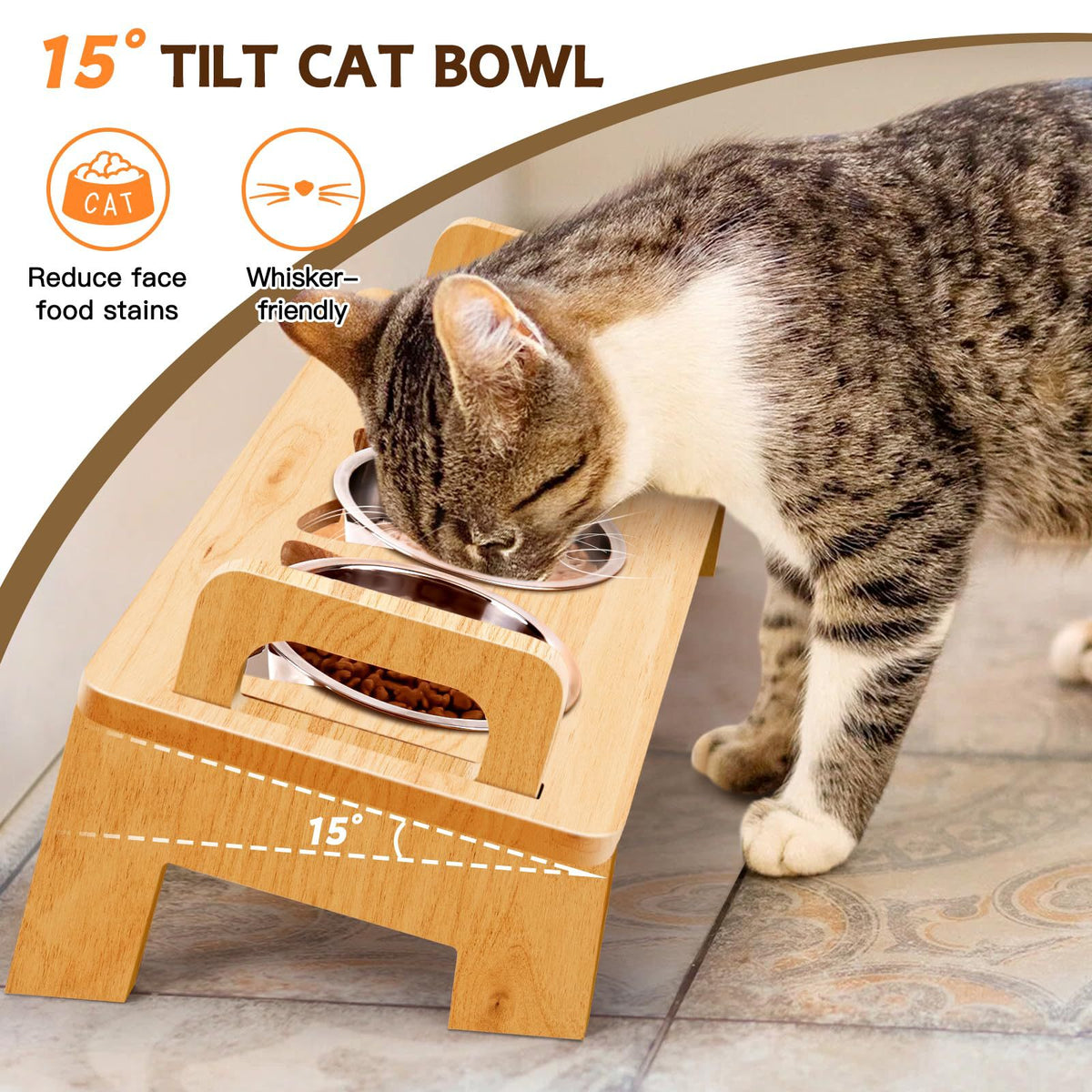 Bamboo Elevated Cat Bowl Rack with Three Bowls