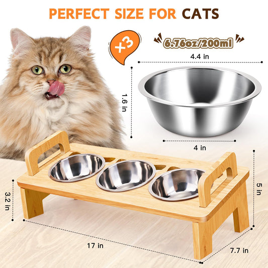 Bamboo Elevated Cat Bowl Rack with Three Bowls